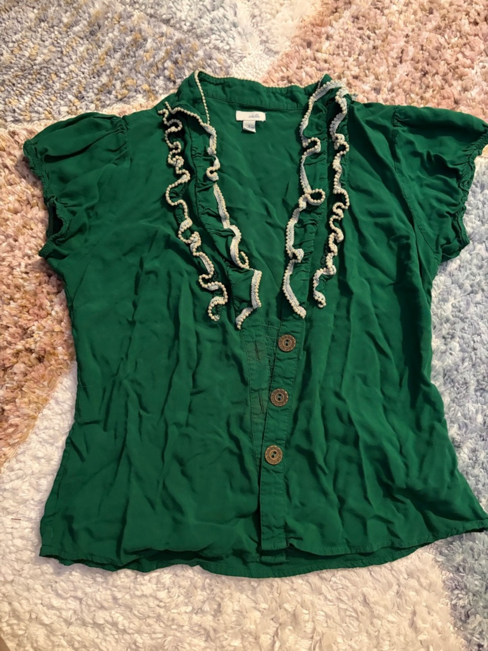 Odille Emerald Green Ruffle-Trim Button Front Blouse Vintage